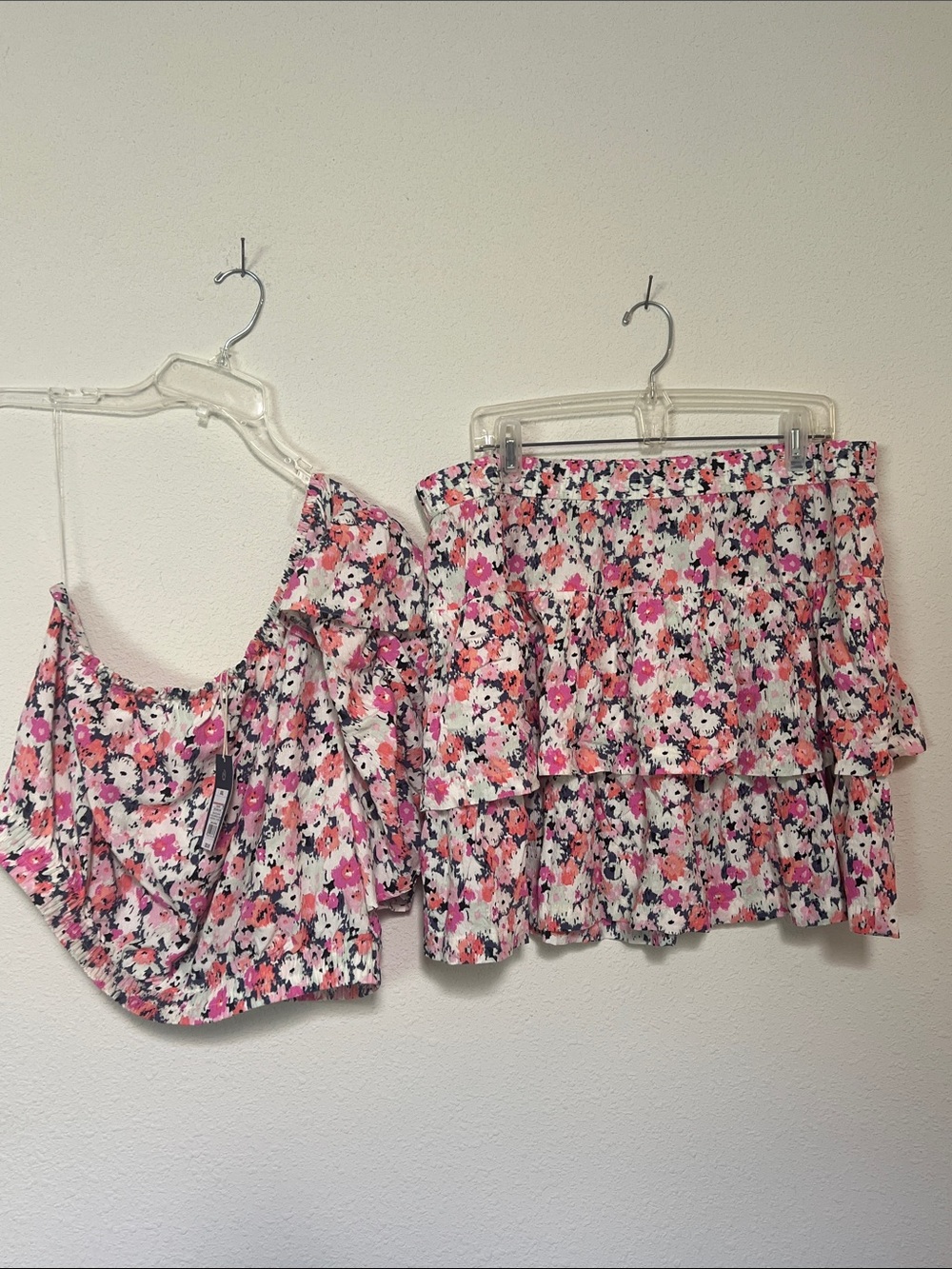 Universal Thread One Shoulder Floral Two-Piece Skirt Set in Pink and White